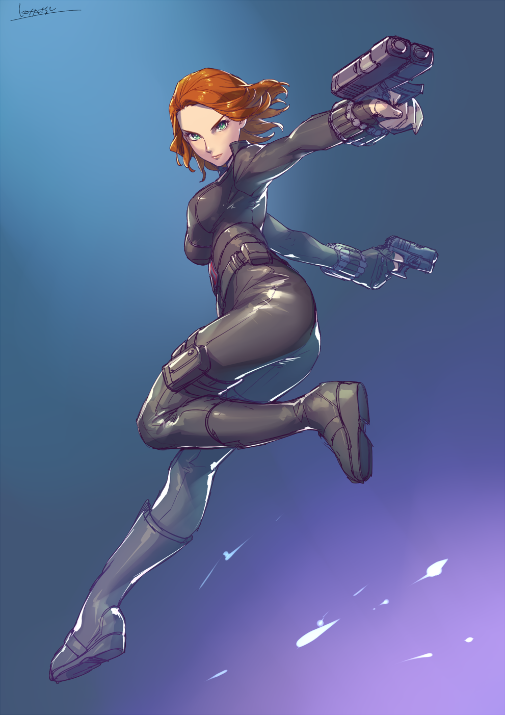 >:|, 1girl, :|, ass, black_bodysuit, black_footwear, black_gloves, black_widow