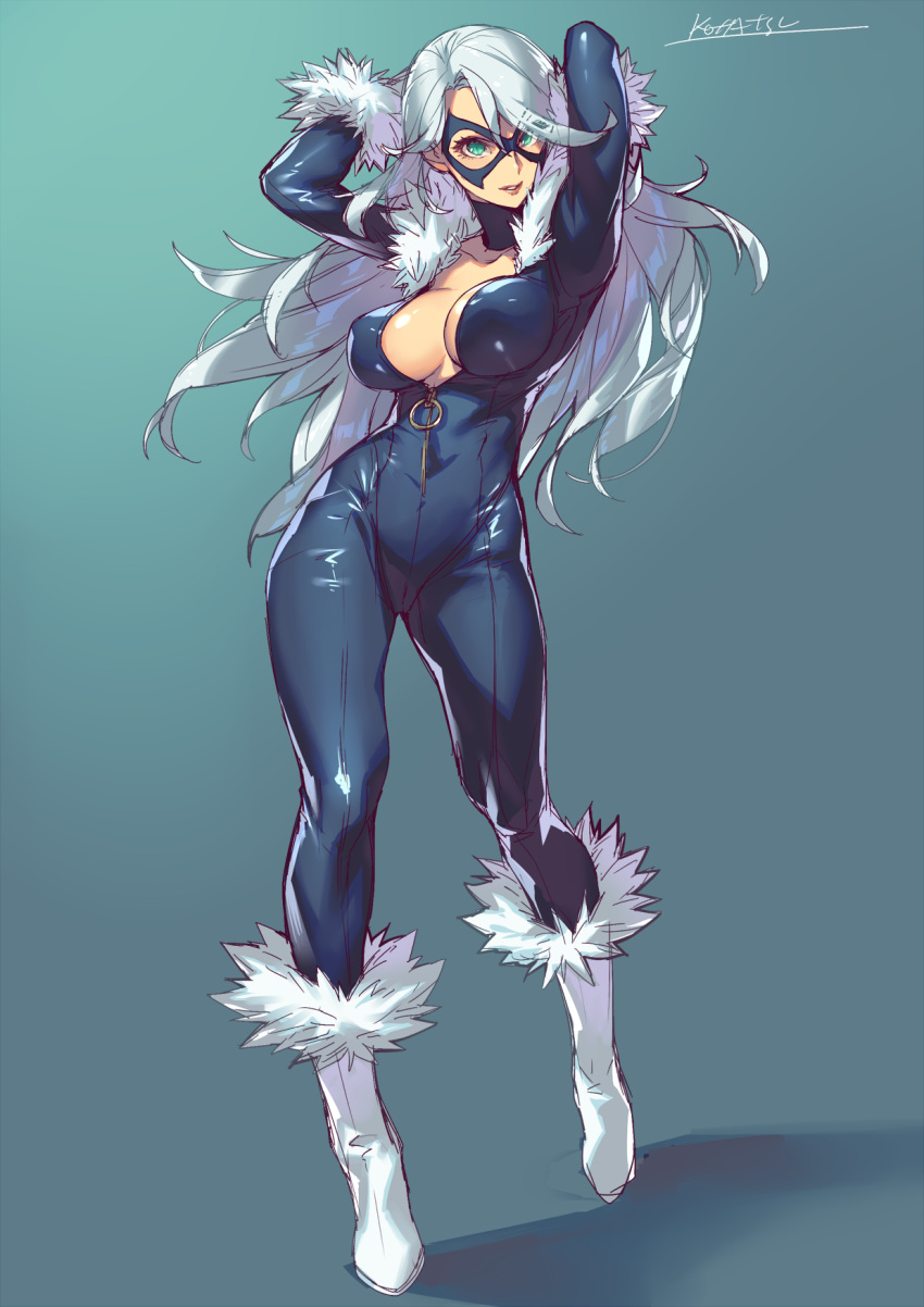 1girl, black_bodysuit, black_cat_(marvel), blue_background, bodysuit, boots, breasts, detached_collar