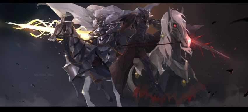 2girls, armor, armored_dress, artoria_pendragon_(all), artoria_pendragon_(lancer), artoria_pendragon_(lancer_alter), cape, commentary, dark_rhongomyniad, dual_persona, fate/grand_order, fate_(series), full_armor, greaves, helm, helmet, highres, holding, holding_weapon, horse, letterboxed, mono_(jdaj), multiple_girls, pauldrons, polearm, revision, rhongomyniad, riding, spear, weapon