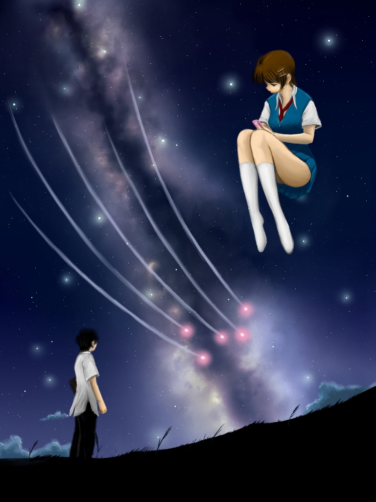 1boy, 1girl, cellphone, clouds, commentary_request, floating, holding, holding_phone