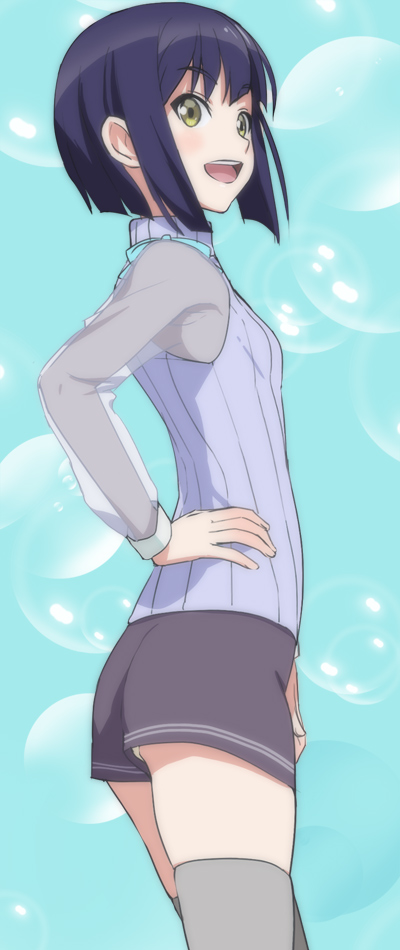 1girl, blue_background, blue_hair, bob_cut, eyebrows_visible_through_hair, grey_legwear, hand_on_hip, haruyama_kazunori