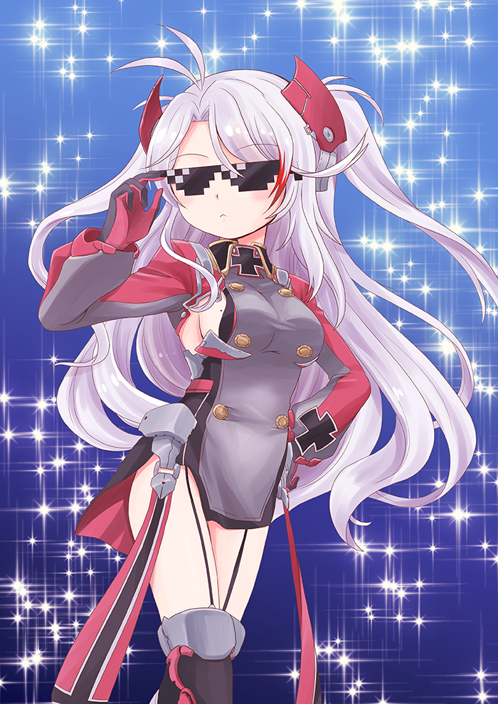 1girl, :<, adjusting_eyewear, antenna_hair, arm_up, azur_lane, bangs, black_gloves