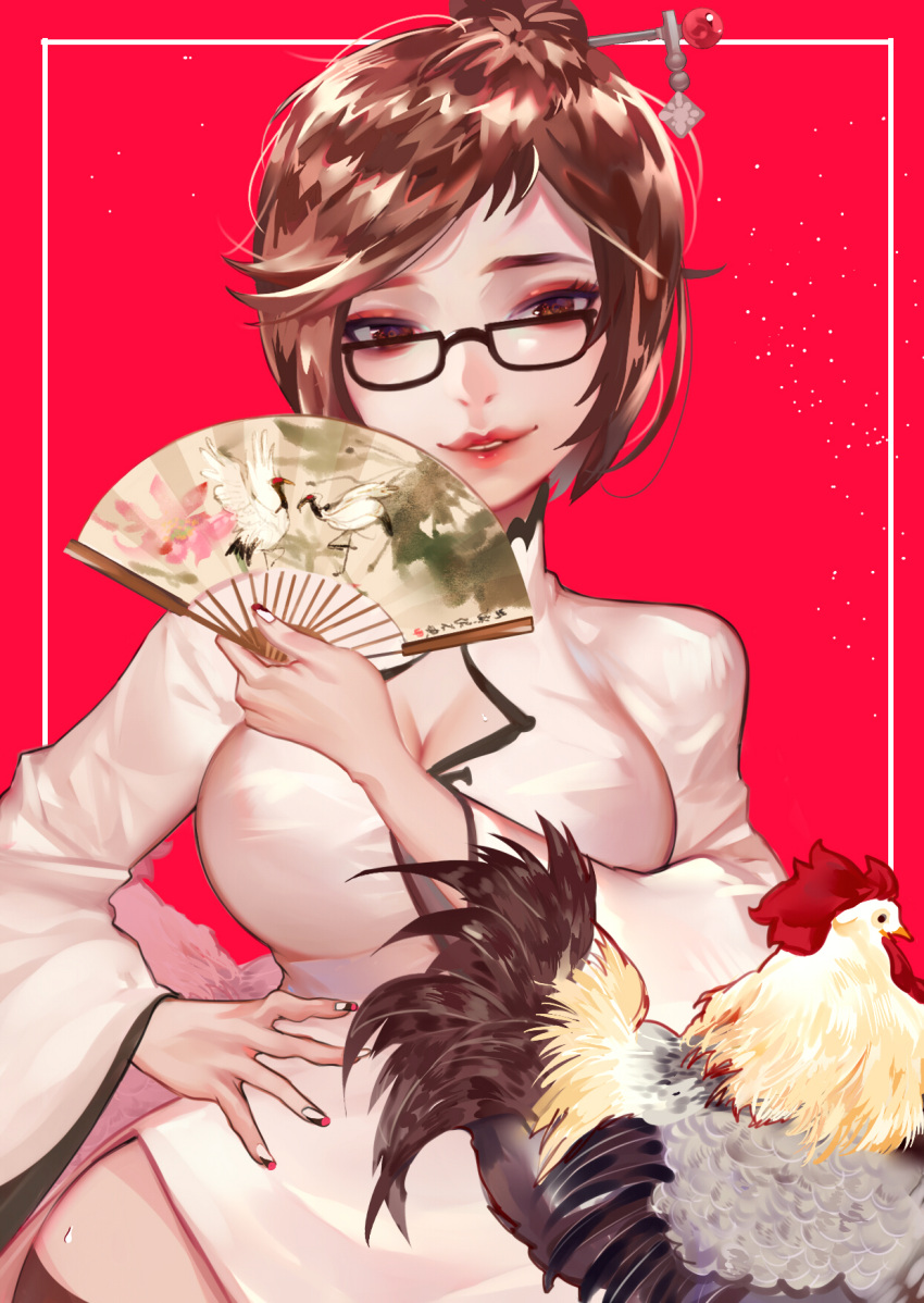 1girl, bird, black-framed_eyewear, black_legwear, breasts, brown_eyes, brown_hair, chicken