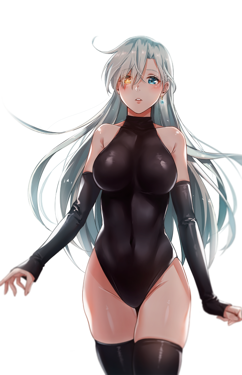 1girl, backlighting, bangs, bare_shoulders, black_legwear, blue_eyes, breasts, covered_navel