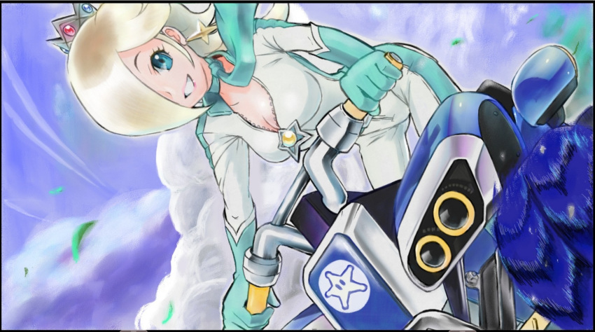 all-terrain_vehicle, biker_clothes, bikesuit, blonde_hair, breasts, cleavage, crown, gloves, hair_over_one_eye, hanabusa_(pixiv28207904), highres, super_mario_bros., mario_kart, riding, rosetta_(mario), scarf, smile, super_mario_galaxy, unzipped