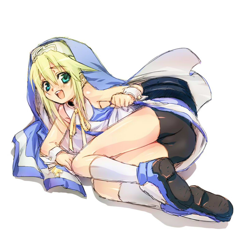 bare_shoulders, bike_shorts, blonde_hair, bridget, bridget_(guilty_gear), green_eyes, guilty_gear, hat, nun, shota, skirt, socks, trap, wanko_(pixiv)