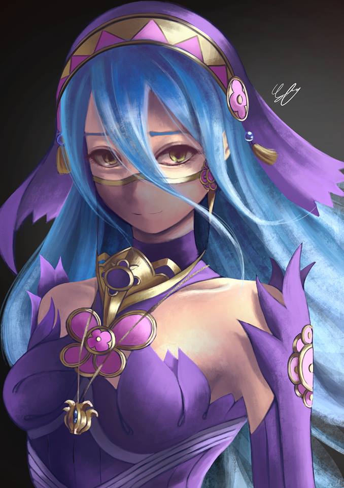 1girl, aqua_(fire_emblem_if), blue_hair, fire_emblem, fire_emblem_if, guryfrog, headdress, jewelry, long_hair, looking_at_viewer, necklace, portrait, simple_background, smile, solo, veil, yellow_eyes
