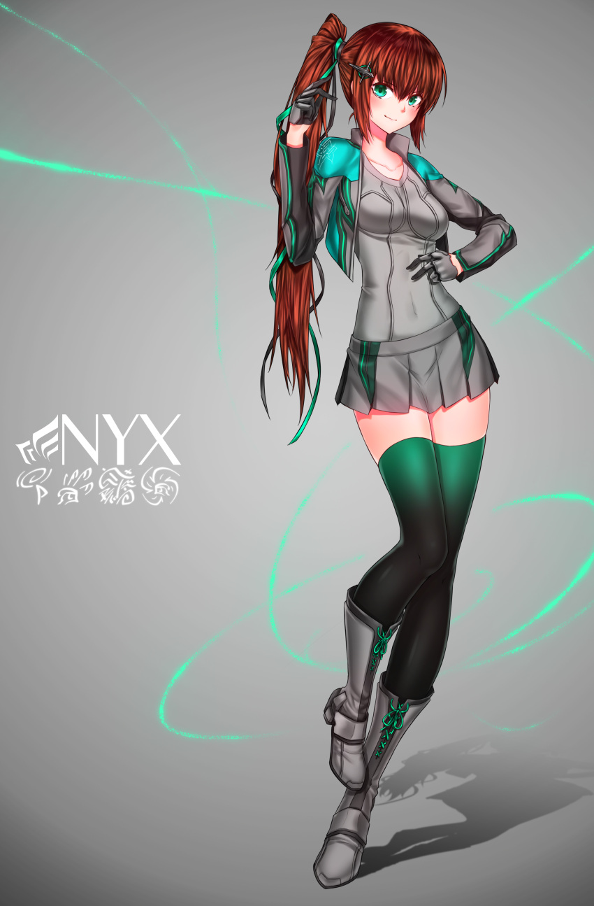 absurdres, gloves, green_eyes, highres, kai_(pixiv12466647), nyx_(warframe), personification, ponytail