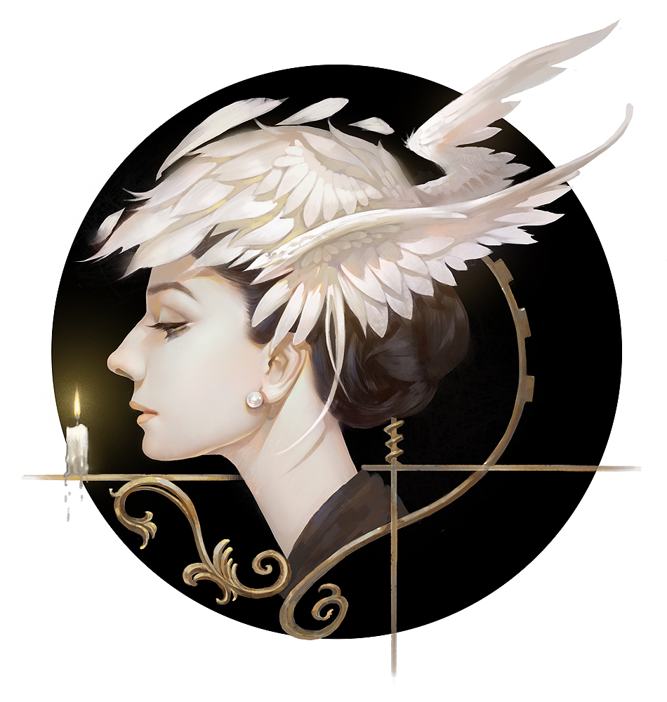 1girl, audrey_hepburn, black_background, candle, cgshuchai, earrings, feathers, jewelry