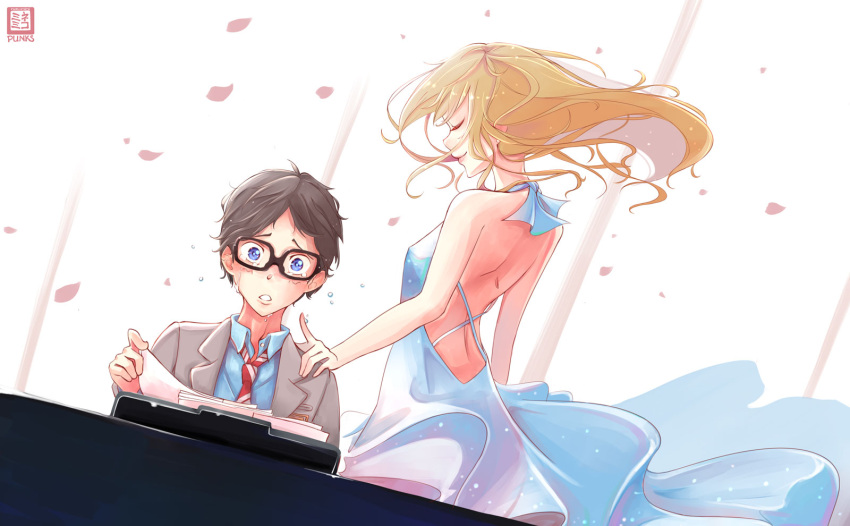 1boy, 1girl, arima_kousei, black_hair, blonde_hair, blue_eyes, cherry_blossoms, closed_eyes
