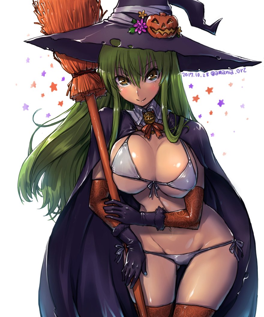 1girl, amania_orz, bikini, breasts, broom, c.c., cape, cleavage, code_geass, dated, elbow_gloves, flower, front-tie_top, gloves, gluteal_fold, green_hair, groin, halloween, halloween_costume, hat, hat_flower, hat_ornament, jack-o'-lantern_ornament, large_breasts, long_hair, looking_at_viewer, navel, orange_gloves, orange_legwear, purple_gloves, ribbon, side-tie_bikini, sidelocks, smile, solo, star, swimsuit, thigh-highs, twitter_username, under_boob, white_background, white_bikini, witch_hat, yellow_eyes
