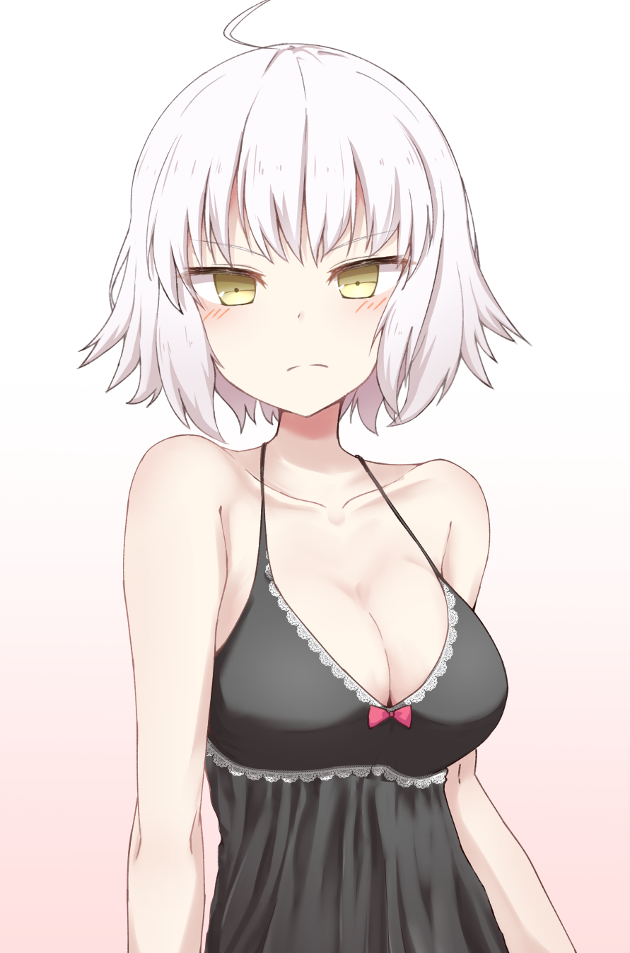 >:(, 1girl, ahoge, bangs, bare_arms, bare_shoulders, blush, bow, breasts, cleavage, eyebrows_visible_through_hair, fate/grand_order, fate_(series), gradient, gradient_background, highres, jeanne_alter, lingerie, looking_at_viewer, medium_breasts, negligee, nenosame, pink_background, pink_bow, ruler_(fate/apocrypha), short_hair, silver_hair, solo, spaghetti_strap, tsurime, underwear, underwear_only, upper_body, yellow_eyes