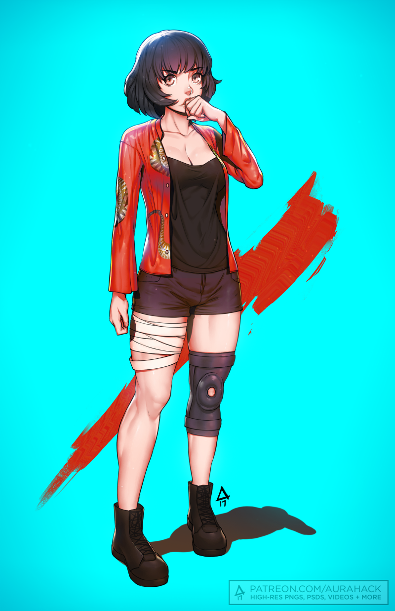 1girl, bandage, bandaged_leg, black_footwear, black_hair, breasts, brown_eyes, cleavage