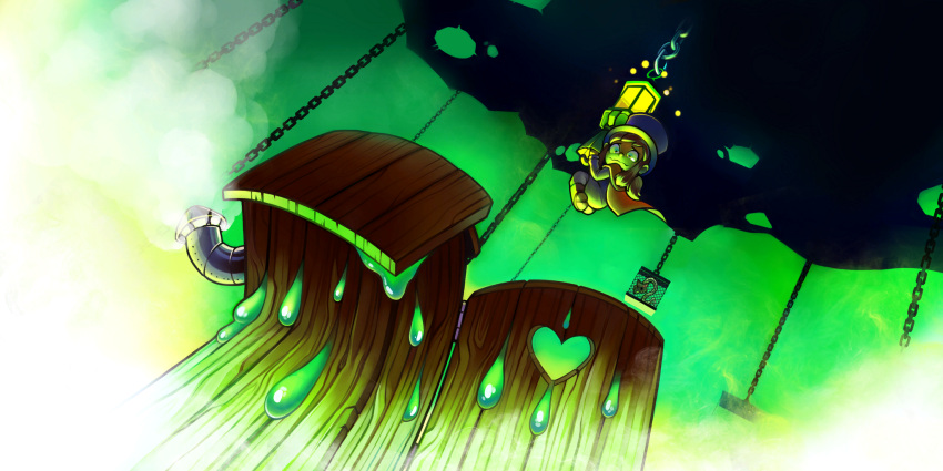:s, a_hat_in_time, brown_hair, cage, cape, chains, exhaust_pipe, hanging, hat_kid, highres, jenna_brown, lantern, legs_folded, legs_together, official_art, outhouse, ponytail, scared, suspended, umbrella