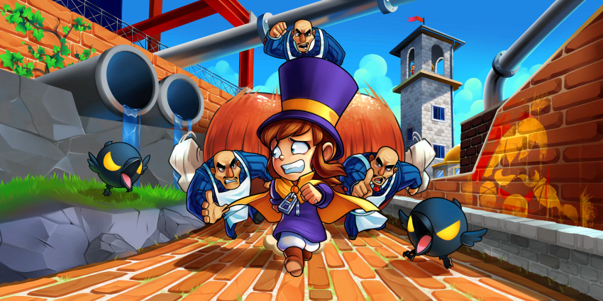 a_hat_in_time, apron, blue_eyes, boots, brick_floor, brick_wall, brown_hair, cape