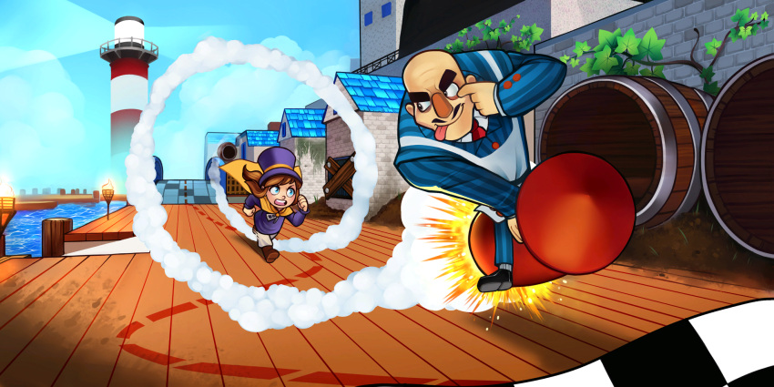 >:p, :p, a_hat_in_time, barrel, blue_eyes, brown_hair, cape, d:<, dock, eyebrows, hat, hat_kid, highres, jenna_brown, lighthouse, mafia_(a_hat_in_time), official_art, open_mouth, ponytail, rocket, running, smoke, tongue, tongue_out, top_hat, zipper, zipper_pull_tab