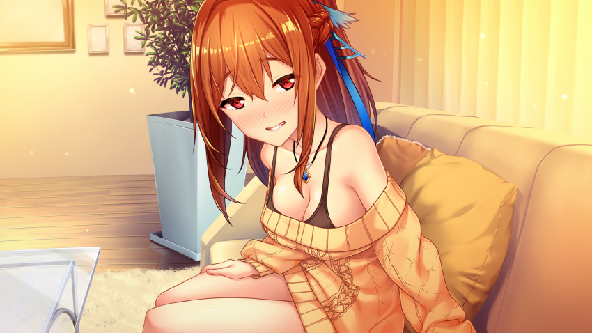 1girl, aran_sweater, baffu, braid, breasts, brown_hair, cleavage, dress