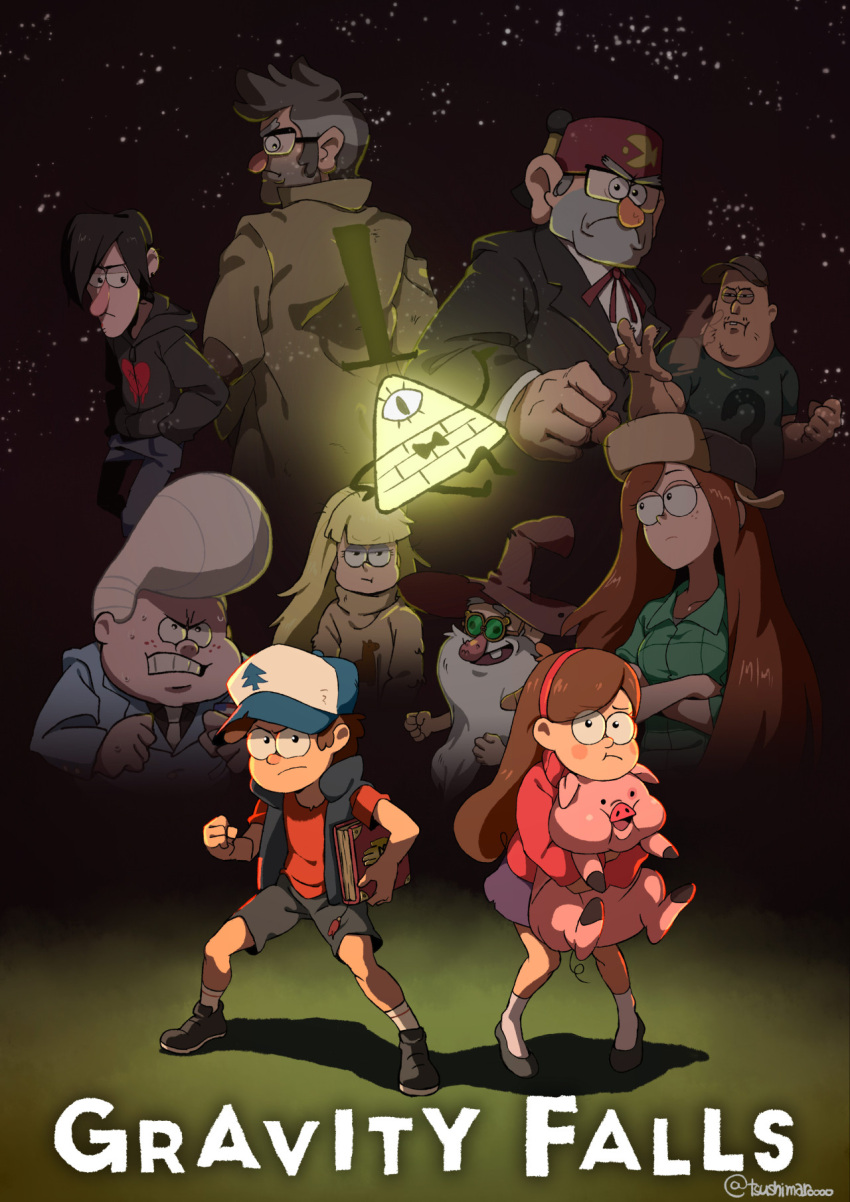 3girls, 6+boys, aerosol_(artist), beard, bill_cipher, dipper_pines, facial_hair, fur_hat