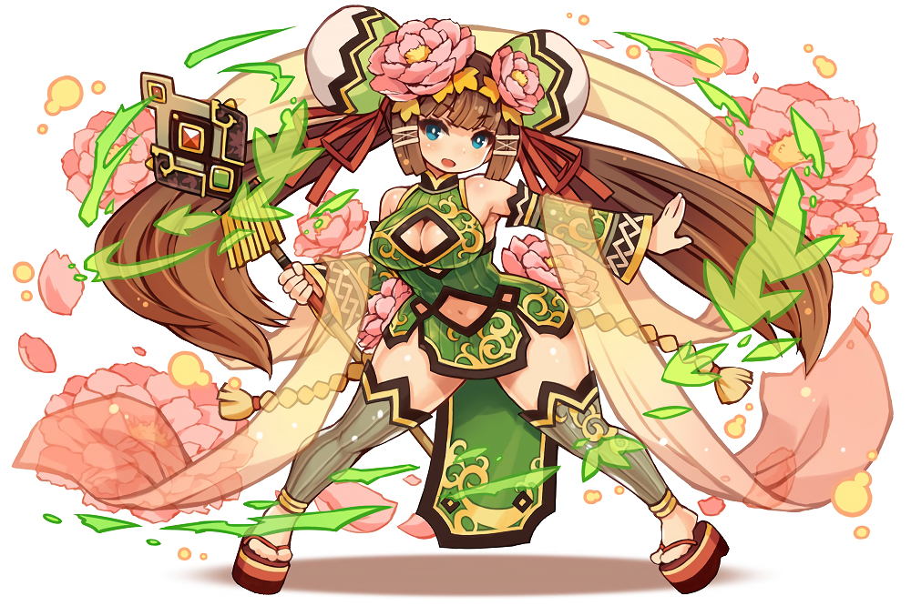 1girl, argyle_cutout, blue_eyes, bright_pupils, brown_hair, cleavage_cutout, detached_sleeves, flower