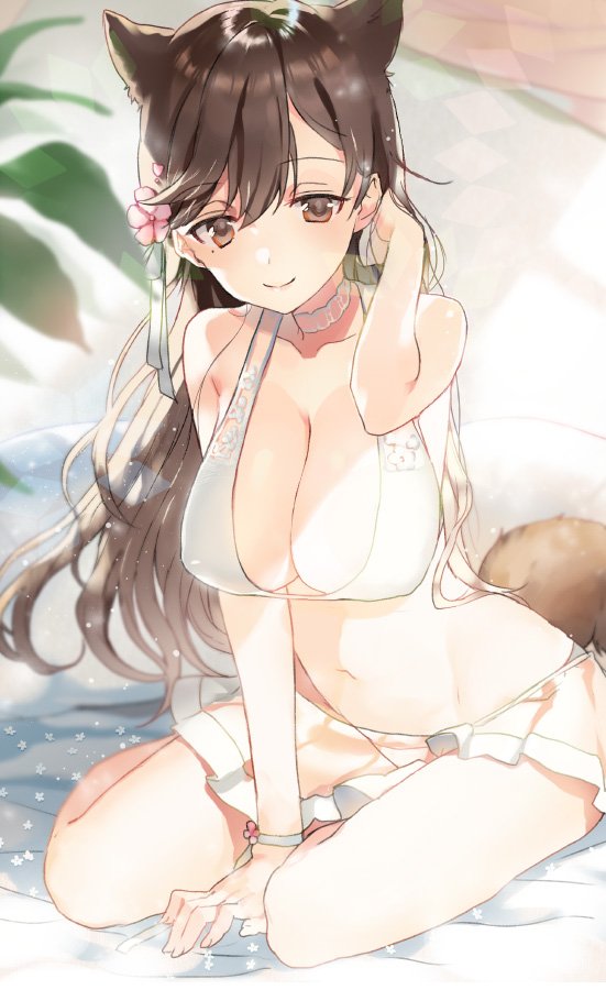 1girl, animal_ears, atago_(azur_lane), azur_lane, bangs, between_legs, bikini, bikini_skirt