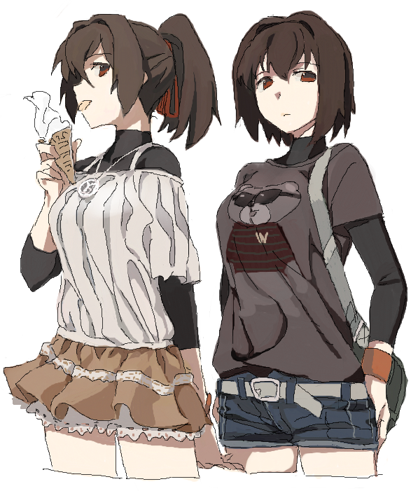 2girls, arm_at_side, bag, bangs, belt, breasts, brown_eyes, brown_hair