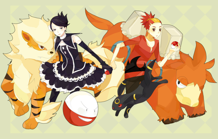 1boy, 1girl, arcanine, bad_id, baku_(pokemon), camerupt, electrode, holding