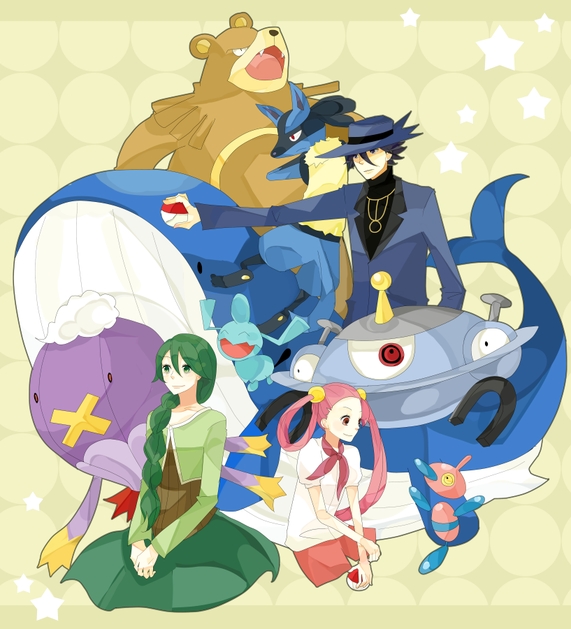 1boy, 2girls, bad_id, blue_beak, drifblim, gen_(pokemon), green_eyes, green_hair