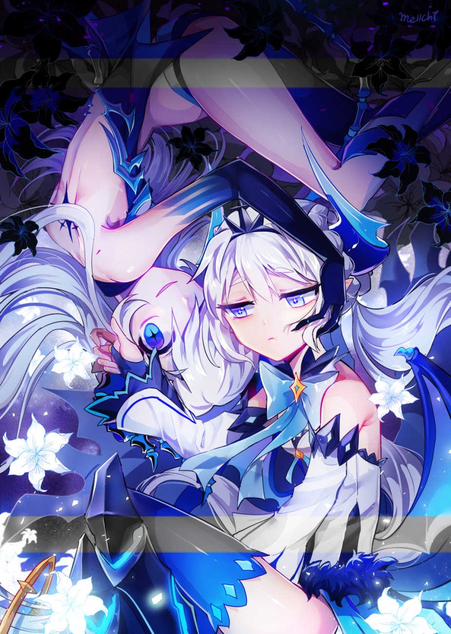 2girls, bare_shoulders, blue_eyes, braid, demon_girl, demon_tail, demon_wings, detached_sleeves