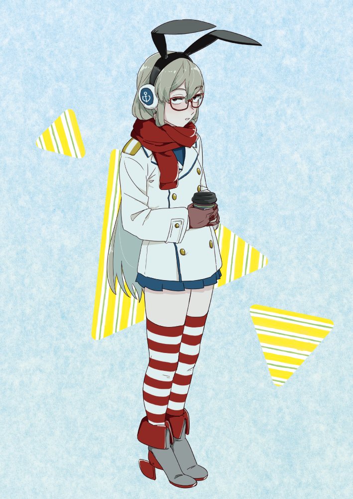 1girl, anchor_print, bangs, bespectacled, black_hairband, blue_skirt, brown_gloves, bunny_headphones