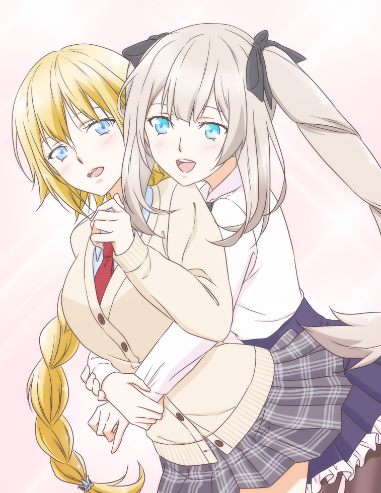 2girls, black_legwear, black_ribbon, blonde_hair, blue_eyes, blue_skirt, braid, cardigan