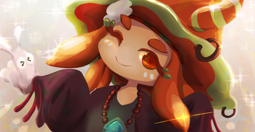 1girl, ;), ebii_(splatoon), green_eyes, hat, long_hair, looking_at_viewer, miura_(splatoon), one_eye_closed, pandarou, sandals, sea_slug, smile, splatoon, splatoon_2, upper_body