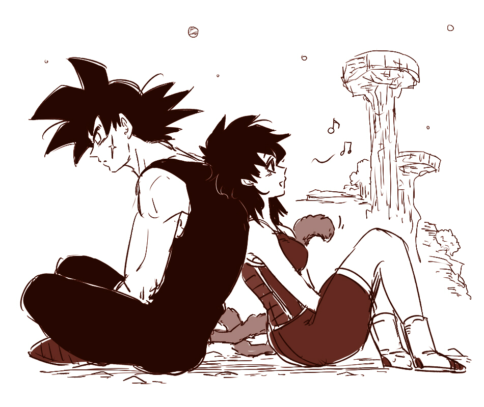 1boy, 1girl, :d, armor, back-to-back, bardock, black_eyes, black_hair