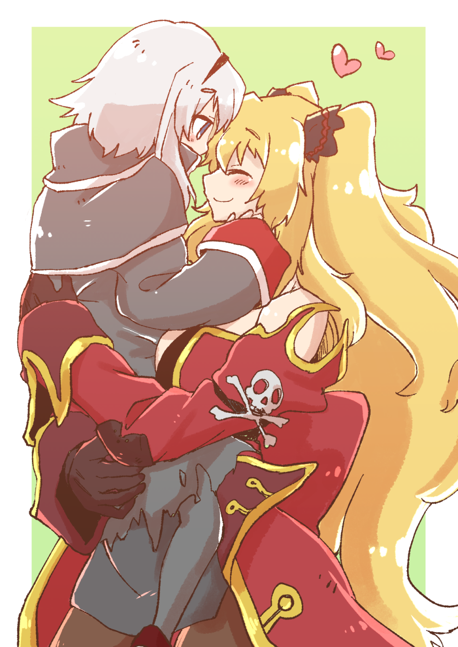 2girls, anne_bonny_(fate/grand_order), bare_shoulders, black_ribbon, blonde_hair, blue_eyes, blush, closed_eyes, fate/grand_order, fate_(series), gloves, hair_ribbon, hairband, heart, highres, holding_person, hug, kagosumi, lifting_person, long_hair, long_sleeves, looking_at_another, mary_read_(fate/grand_order), multiple_girls, ribbon, short_hair, silver_hair, skull_and_crossbones, smile, twintails, yuri