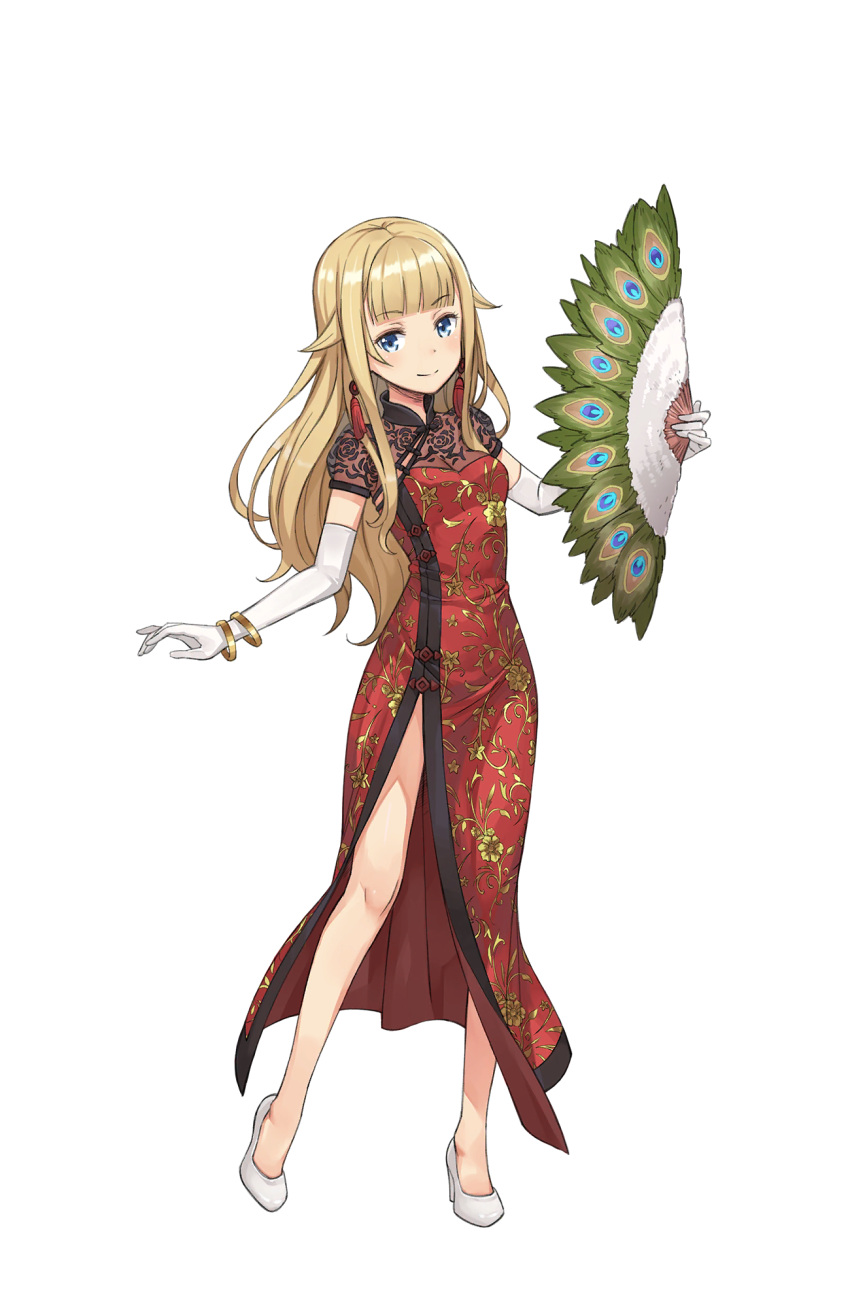 1girl, bangle, blonde_hair, blue_eyes, bracelet, china_dress, chinese_clothes, dress, earrings, elbow_gloves, feather_fan, full_body, gloves, high_heels, highres, jewelry, long_hair, looking_at_viewer, official_art, princess_(princess_principal), princess_principal, princess_principal_game_of_mission, solo, standing, transparent_background, white_footwear, white_gloves