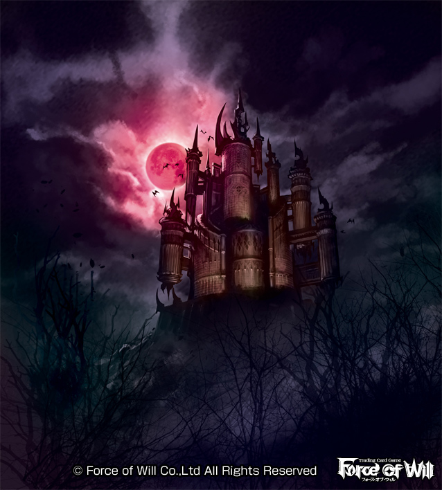bat, castle, clouds, cloudy_sky, copyright_name, force_of_will, moon, moopic, night, night_sky, no_humans, official_art, scenery, sky, tree