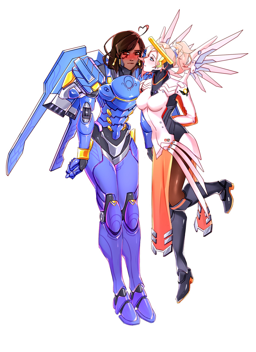 2girls, ahoge, arm_behind_back, biting, black_hair, blonde_hair, blue_eyes, blush, bodysuit, breasts, brown_eyes, brown_legwear, daenkot, dark_skin, emblem, eye_of_horus, facial_mark, facial_tattoo, faulds, full_body, greaves, hair_tie, hair_tubes, heart_ahoge, high_ponytail, highres, leaning_forward, lip_biting, looking_at_another, looking_at_viewer, mechanical_halo, mechanical_wings, medium_breasts, mercy_(overwatch), multiple_girls, no_headwear, no_helmet, overwatch, pantyhose, pelvic_curtain, pharah_(overwatch), power_armor, side_braids, simple_background, smile, standing, standing_on_one_leg, swiss_flag, tattoo, white_background, wings, yuri