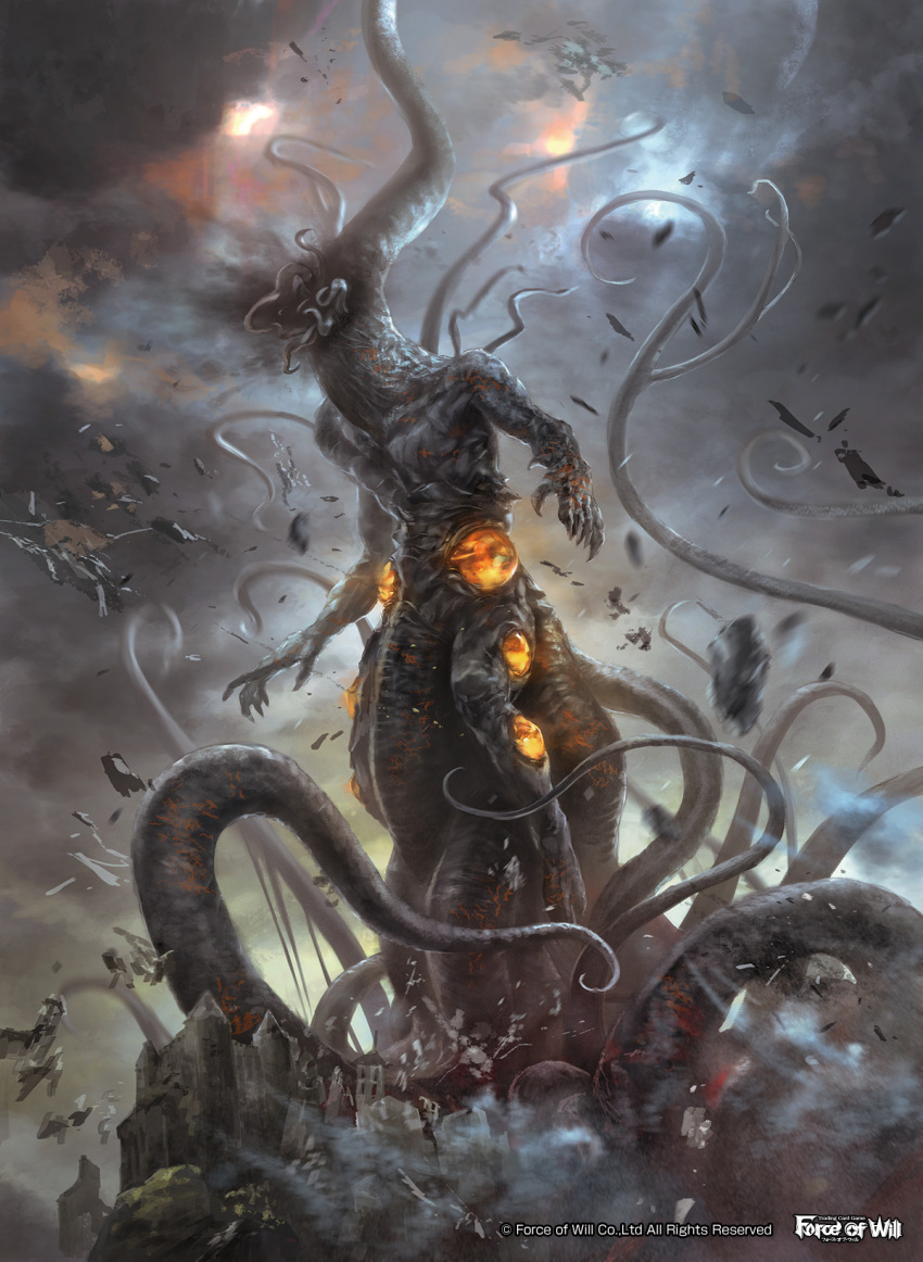 building, clouds, cloudy_sky, copyright_name, force_of_will, highres, mad_(artist), monster