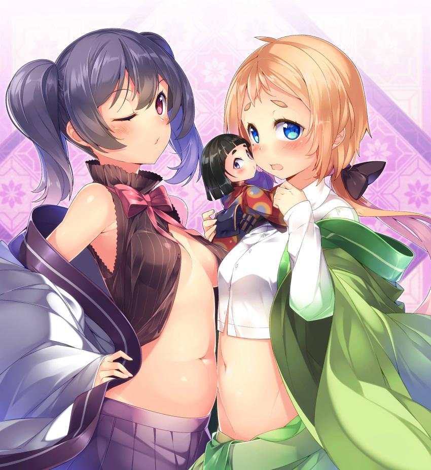 3girls, ;o, absurdres, asymmetrical_docking, bangs, bare_shoulders, belly_to_belly, black_bow, black_hair, black_shirt, blue_eyes, blunt_bangs, blush, bob_cut, bow, bowtie, breast_press, breasts, buttons, collared_shirt, commentary_request, crop_top, doll, eyebrows_visible_through_hair, green_kimono, green_skirt, hair_between_eyes, hair_bow, hands_on_hips, highres, japanese_clothes, kimono, kokka_han, long_hair, long_sleeves, looking_at_viewer, low_ponytail, matsuko_(urara_meirochou), mole, mole_under_eye, multiple_girls, natsume_nono, no_bra, obi, off_shoulder, one_eye_closed, open_mouth, orange_hair, partially_unbuttoned, pink_neckwear, pleated_skirt, puckered_lips, purple_skirt, red_kimono, sash, shirt, short_eyebrows, short_hair, skirt, sleeveless, small_breasts, thick_eyebrows, twintails, two-tone_background, upper_body, urara_meirochou, violet_eyes, white_kimono, white_shirt, wide_sleeves, yukimi_koume