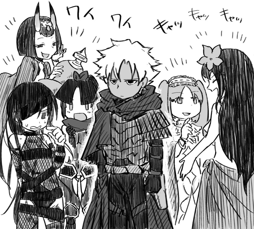 1boy, 5girls, closed_eyes, commentary_request, dark_skin, dark_skinned_male, echipashiko, emiya_kiritsugu, emiya_kiritsugu_(assassin), eyepatch, fate/grand_order, fate_(series), fishnets, flower, gourd, greyscale, hair_flower, hair_ornament, hair_ribbon, highres, horns, katou_danzou_(fate/grand_order), long_hair, looking_at_another, mochizuki_chiyome_(fate/grand_order), monochrome, multiple_girls, oni_horns, ribbon, scathach_(fate/grand_order), scathach_(swimsuit_assassin)_(fate), short_hair, shuten_douji_(fate/grand_order), stheno, sweat, translation_request, twintails, white_background
