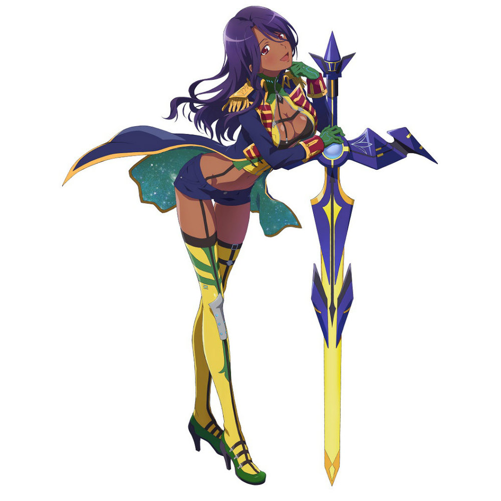 1girl, alpha_crucis, breasts, brown_eyes, cleavage, dark_skin, military, military_uniform, official_art, purple_hair, solo, starly_girls, sword, uniform, weapon, zweihander