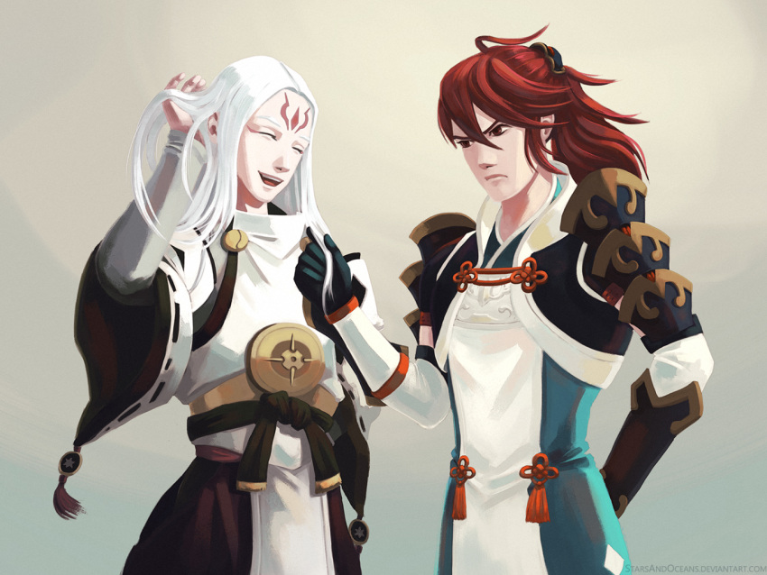 2boys, ahoge, closed_eyes, fire_emblem, fire_emblem_if, izana_(fire_emblem_if), japanese_clothes, long_hair