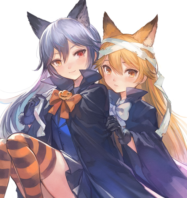 2girls, alternate_costume, animal_ears, bandage, bandaged_head, bangs, black_gloves, black_hair