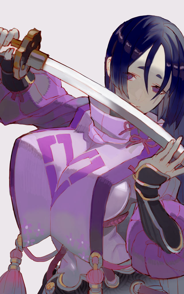 1girl, breasts, dress, fate/grand_order, fate_(series), grey_background, holding, holding_sword, holding_weapon, huge_breasts, kibadori_rue, long_hair, looking_at_viewer, minamoto_no_raikou_(fate/grand_order), purple_dress, purple_hair, smile, solo, sword, unsheathed, upper_body, violet_eyes, weapon