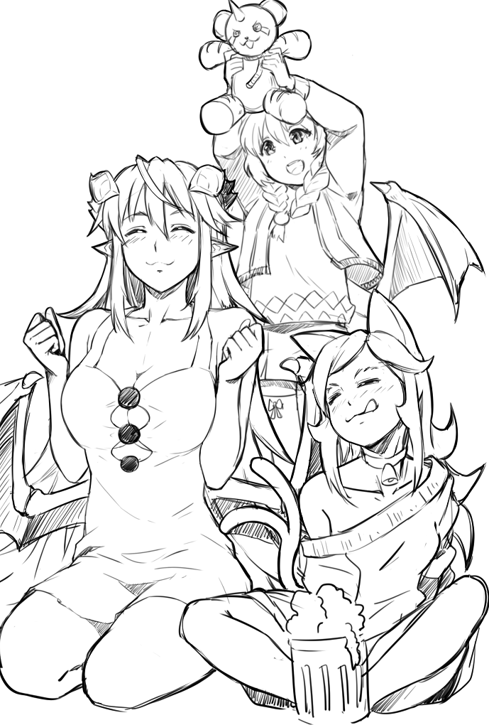 3girls, :3, :d, :q, animal_ears, bangs, bare_arms, bare_shoulders