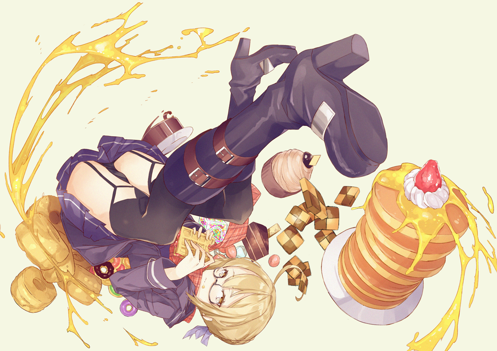 1girl, ahoge, artoria_pendragon_(all), black-framed_eyewear, black_footwear, black_legwear, black_panties, blonde_hair