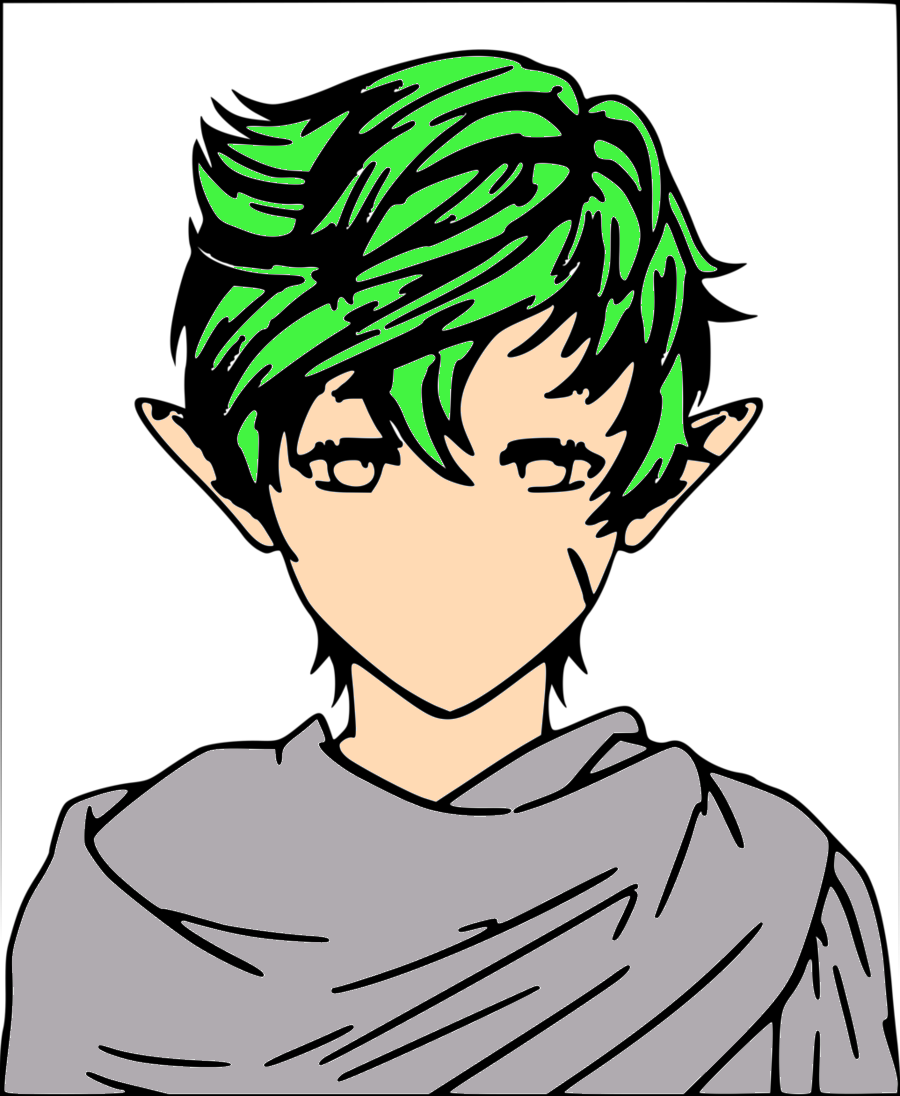 androgynous, elf, green_hair, high_contrast, no_mouth, original, pointy_ears, portrait, purezensu, ryoshi_ite, short_hair, upper_body