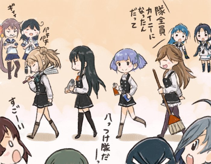 6+girls, ahoge, akebono_(kantai_collection), asashio_(kantai_collection), black_hair, blonde_hair, blue_hair, blush_stickers