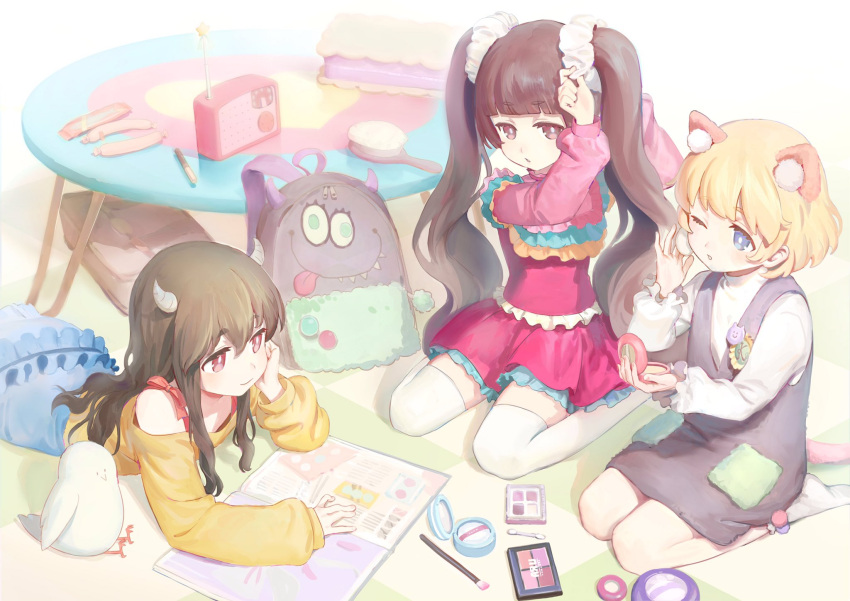 3girls, :3, adjusting_hair, adjusting_hair_ornament, animal, animal_ears, artist_request, backpack