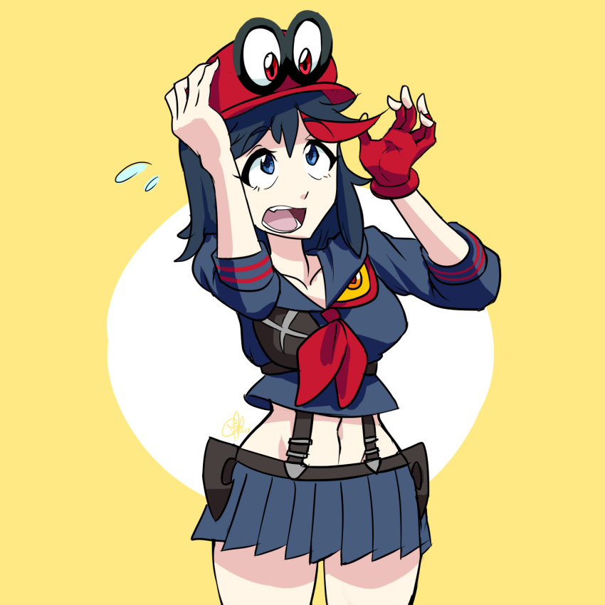 1girl, black_hair, cappy_(mario), crossover, hat, highres, kill_la_kill, mario_(series)