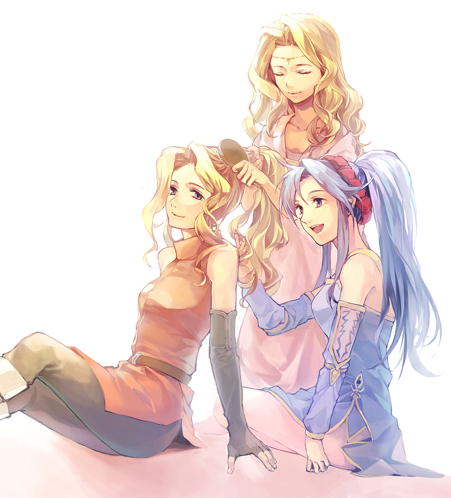 3girls, adean_(fire_emblem), blonde_hair, briggid_(fire_emblem), circlet, closed_eyes, dress, fire_emblem, fire_emblem:_seisen_no_keifu, hair_brushing, kaito_(sawayakasawaday), long_hair, multiple_girls, open_mouth, ponytail, purple_hair, side_slit, smile, tiltyu_(fire_emblem), violet_eyes